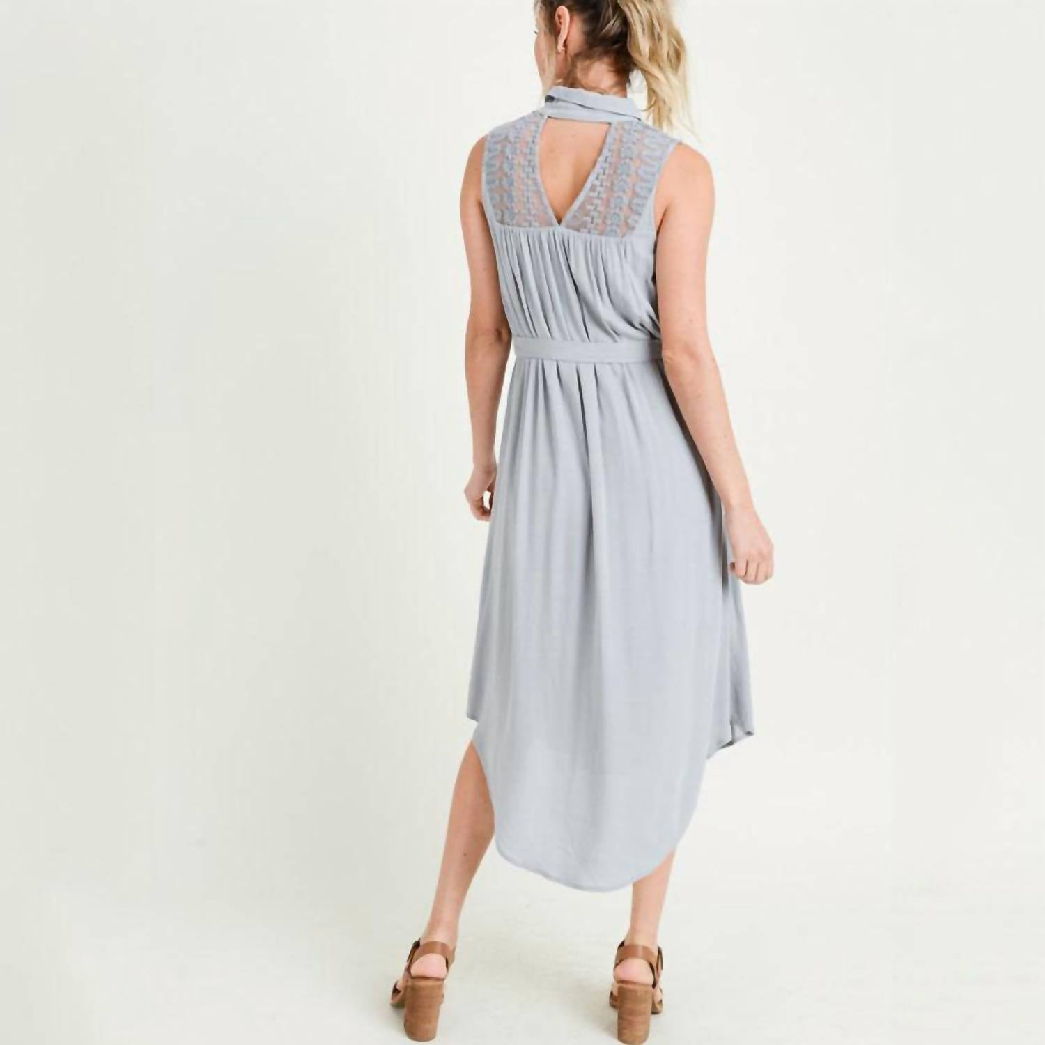 Doe and Rae Hailey Collared Belted Midi Dress in grey - women's dress - detail view