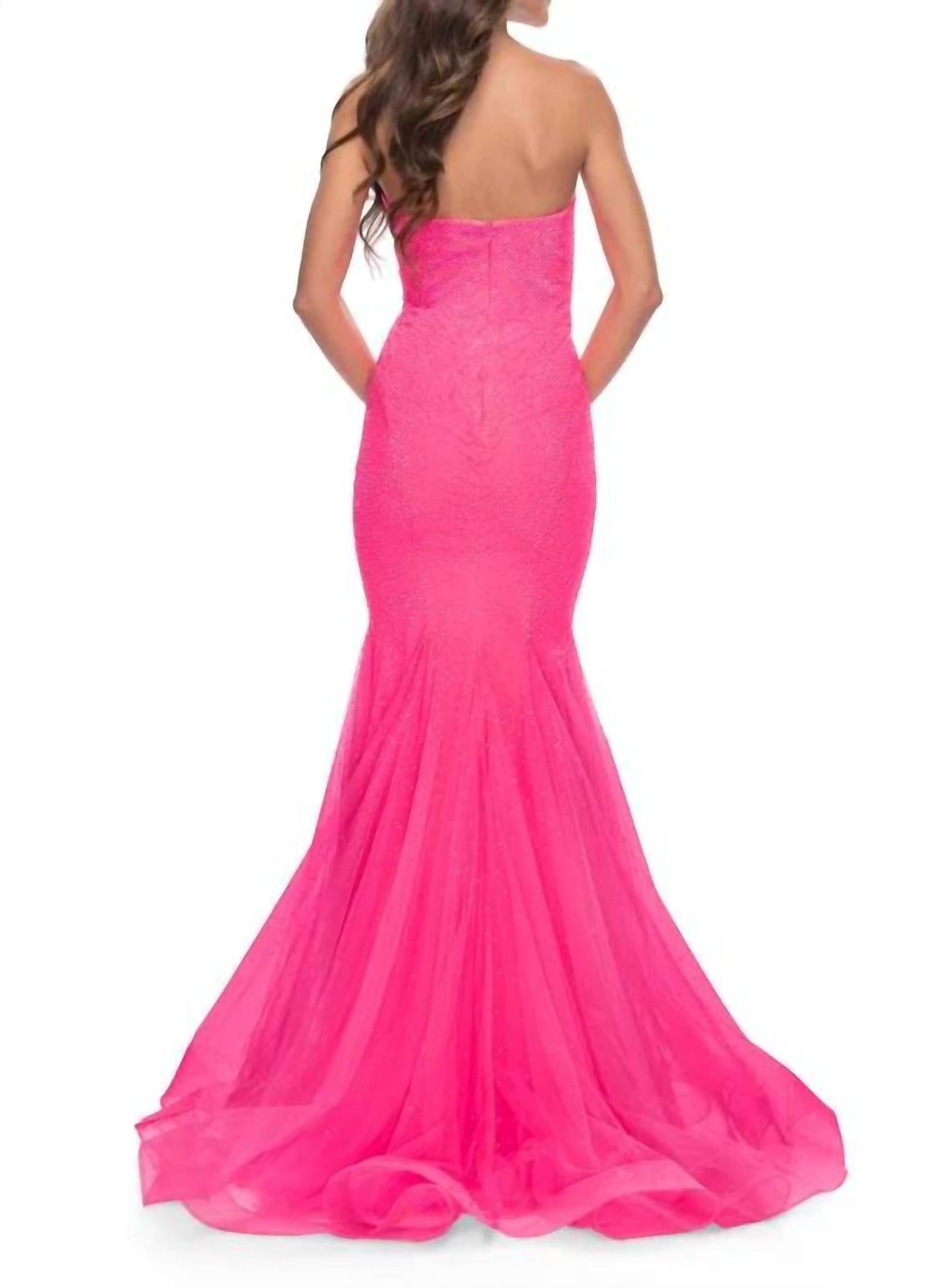 La Femme Fitted Mermaid Rhinestone Embellished Prom Dress in pink - women's dress - detail view