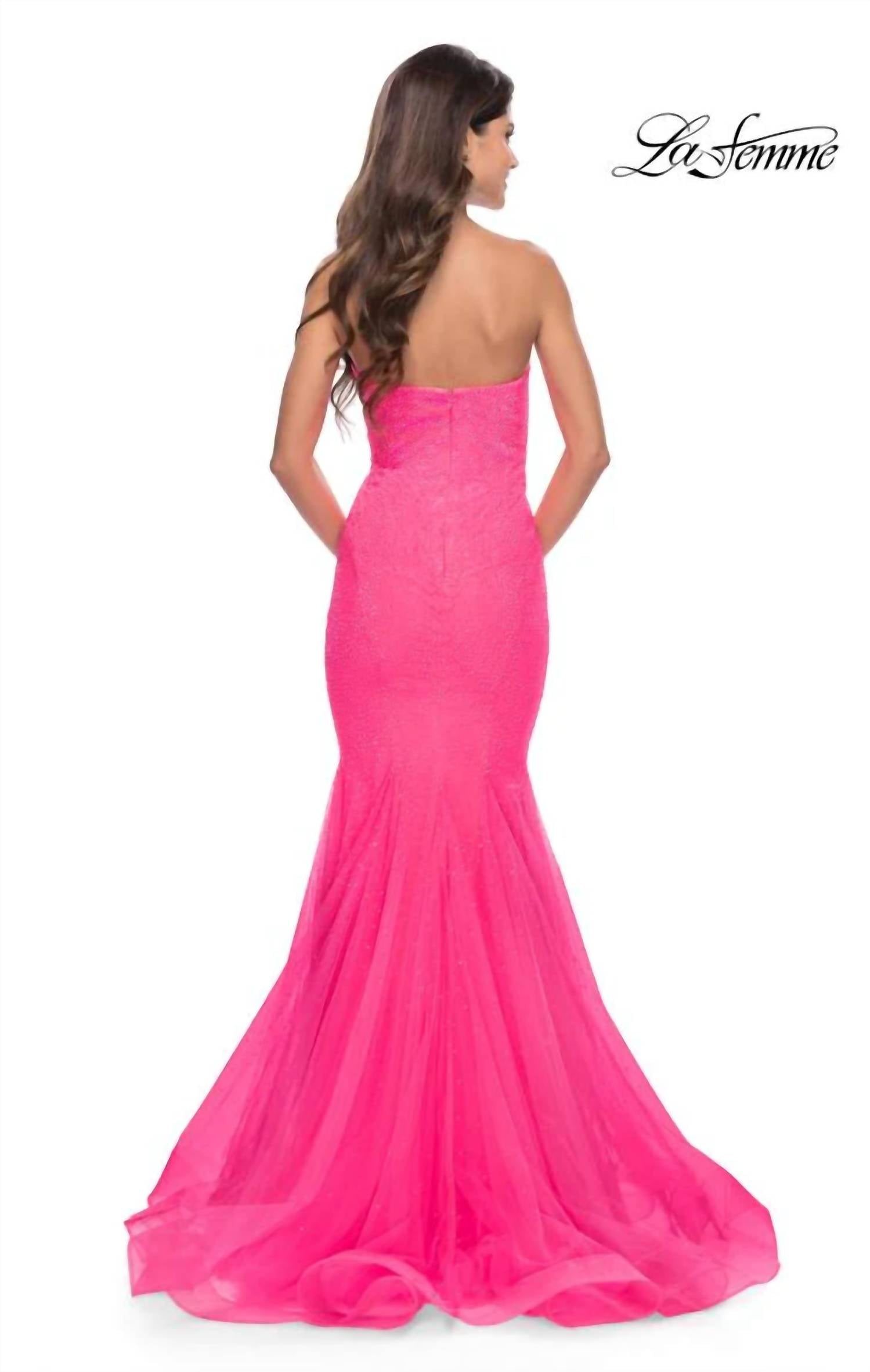 La Femme Fitted Mermaid Rhinestone Embellished Prom Dress in pink - women's dress - alternate view