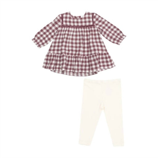 Angel Dear - Girl's Gingham Plum Ladder Trim Dress With Ribbed Legging