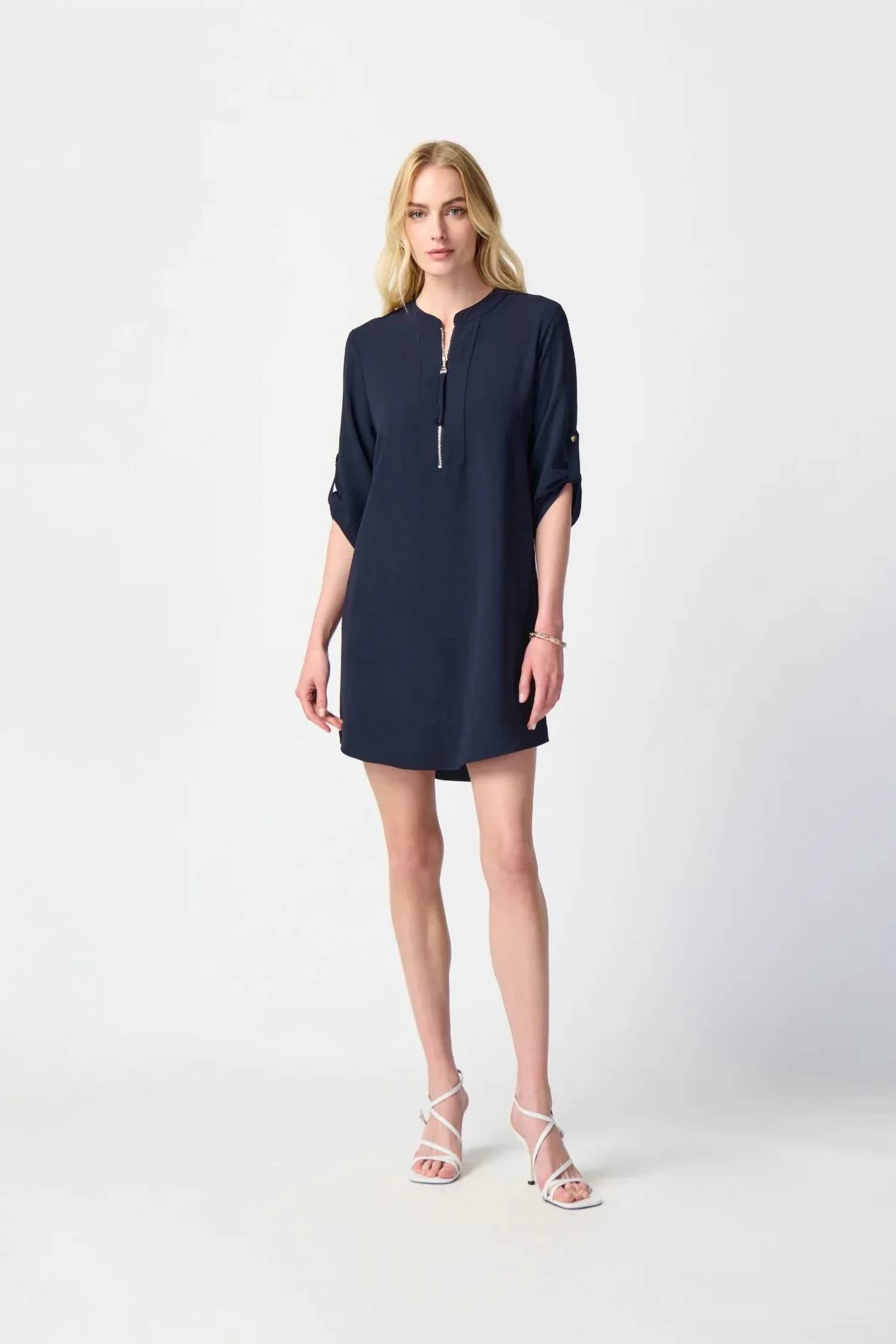 Joseph Ribkoff - Zip Front Roll-tab 3/4 Sleeve Shift Dress