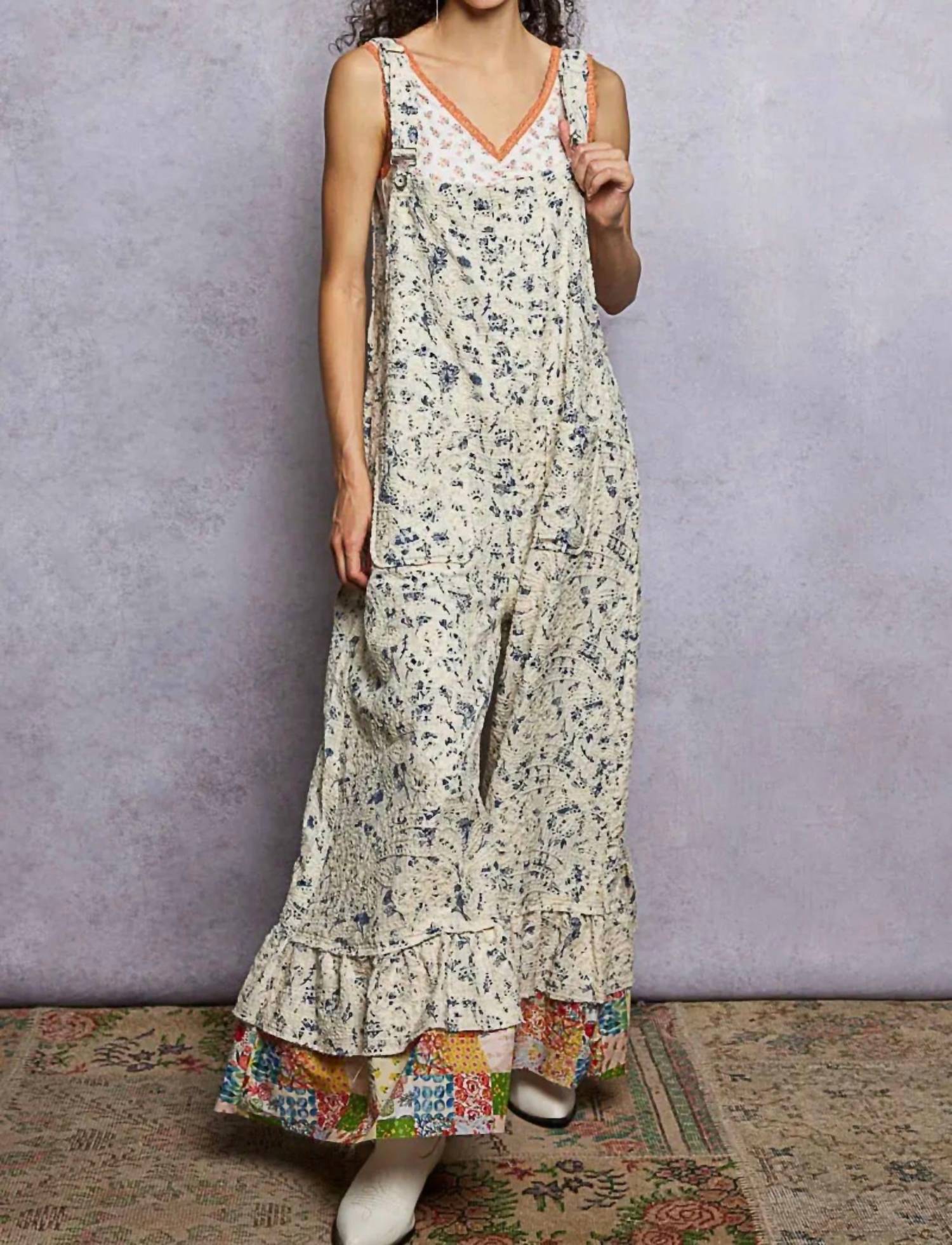 Pol - Textured Denim Floral Embroidered Jumpsuit
