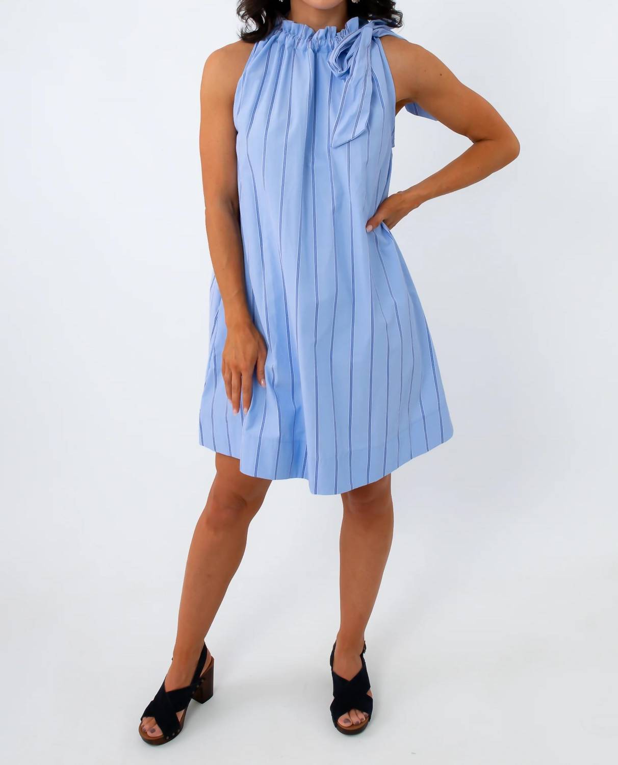 Glam - Poplin Pinstripe Tie Neck Dress