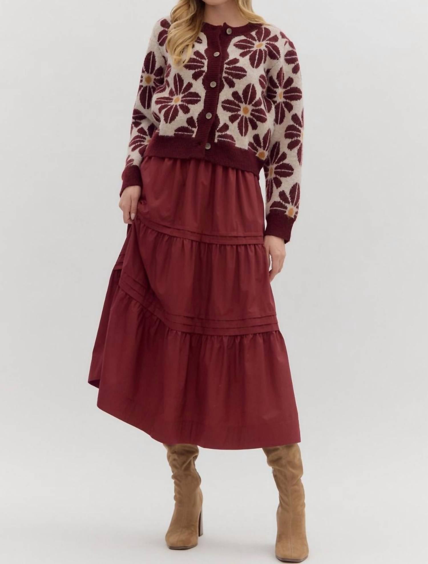 entro Pleated Tiered Midi Skirt in burgundy - women's skirt