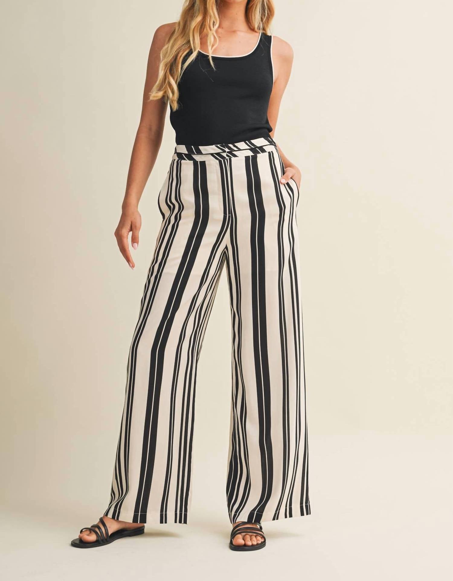 Mustard Seed Striped High Waist Wide Leg Pants in black white - women's pants - view 6
