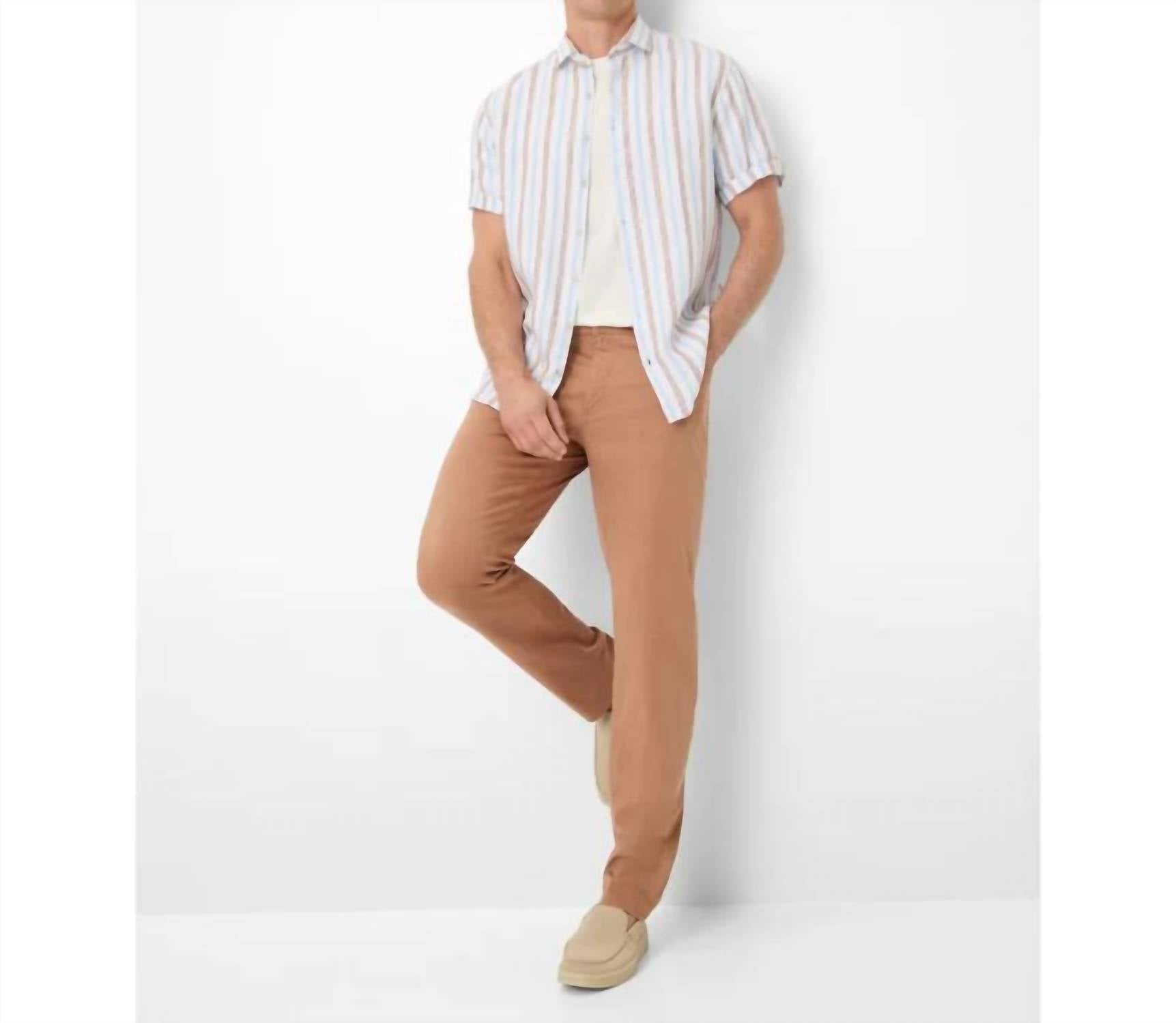Brax Hardy Linen Mix Short Sleeved Shirt in beige light blue stripe - men's shirt - alternate view