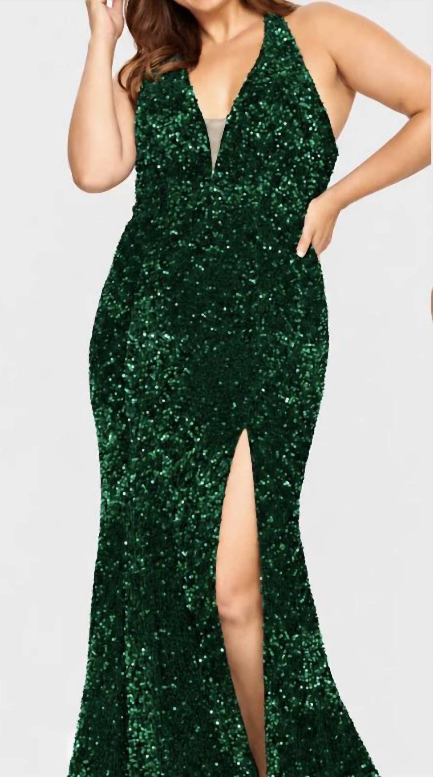 Faviana - Velvet Sequin Halter Neck Long Dress With Leg Slit