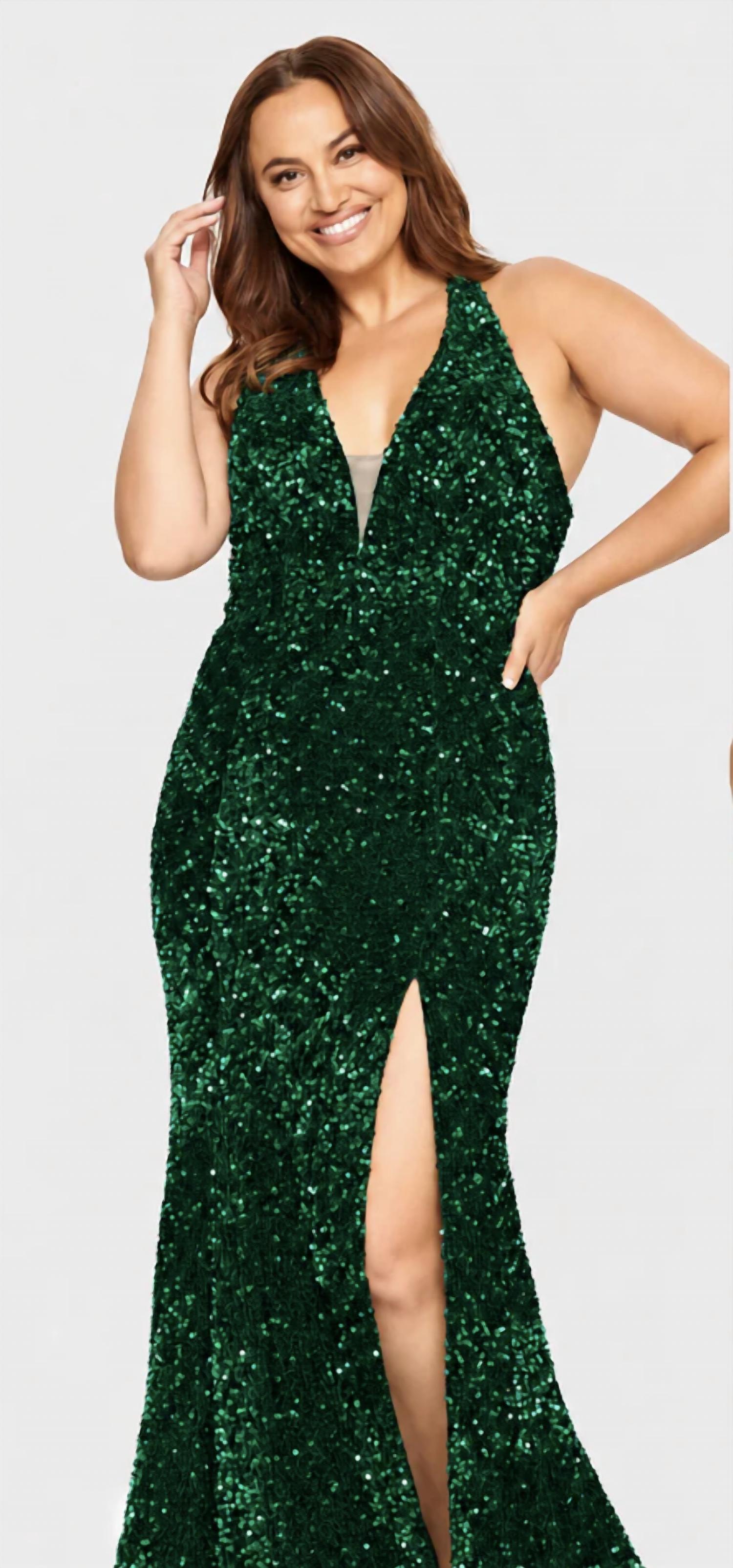 Faviana - Velvet Sequin Halter Neck Long Dress With Leg Slit