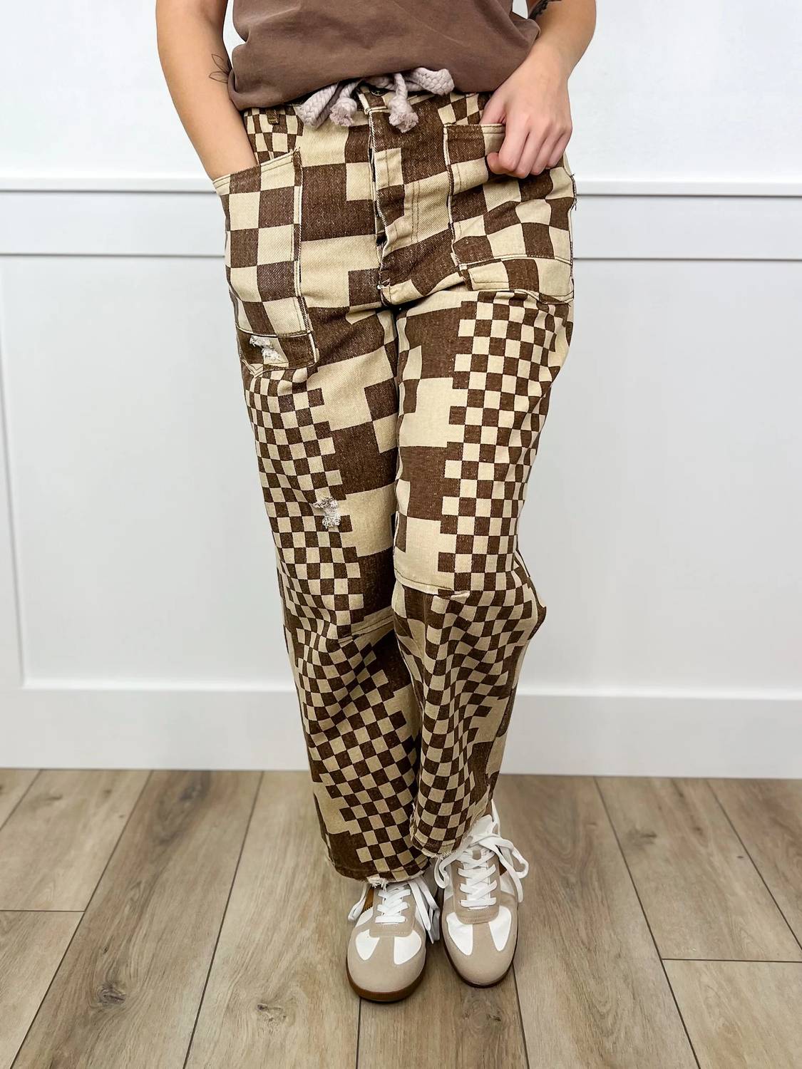Bibi - Let's Rally High-rise Cotton Wide Leg Checkered Bottoms