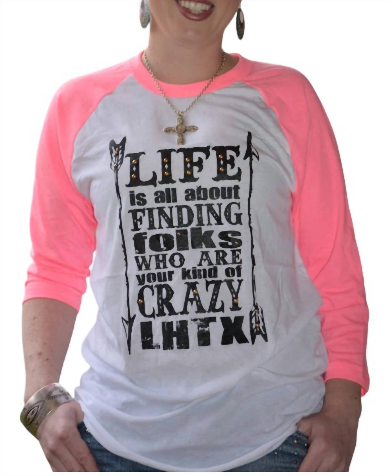 LHTX Life Is About Finding Folks Top in pink white - women's long sleeve top