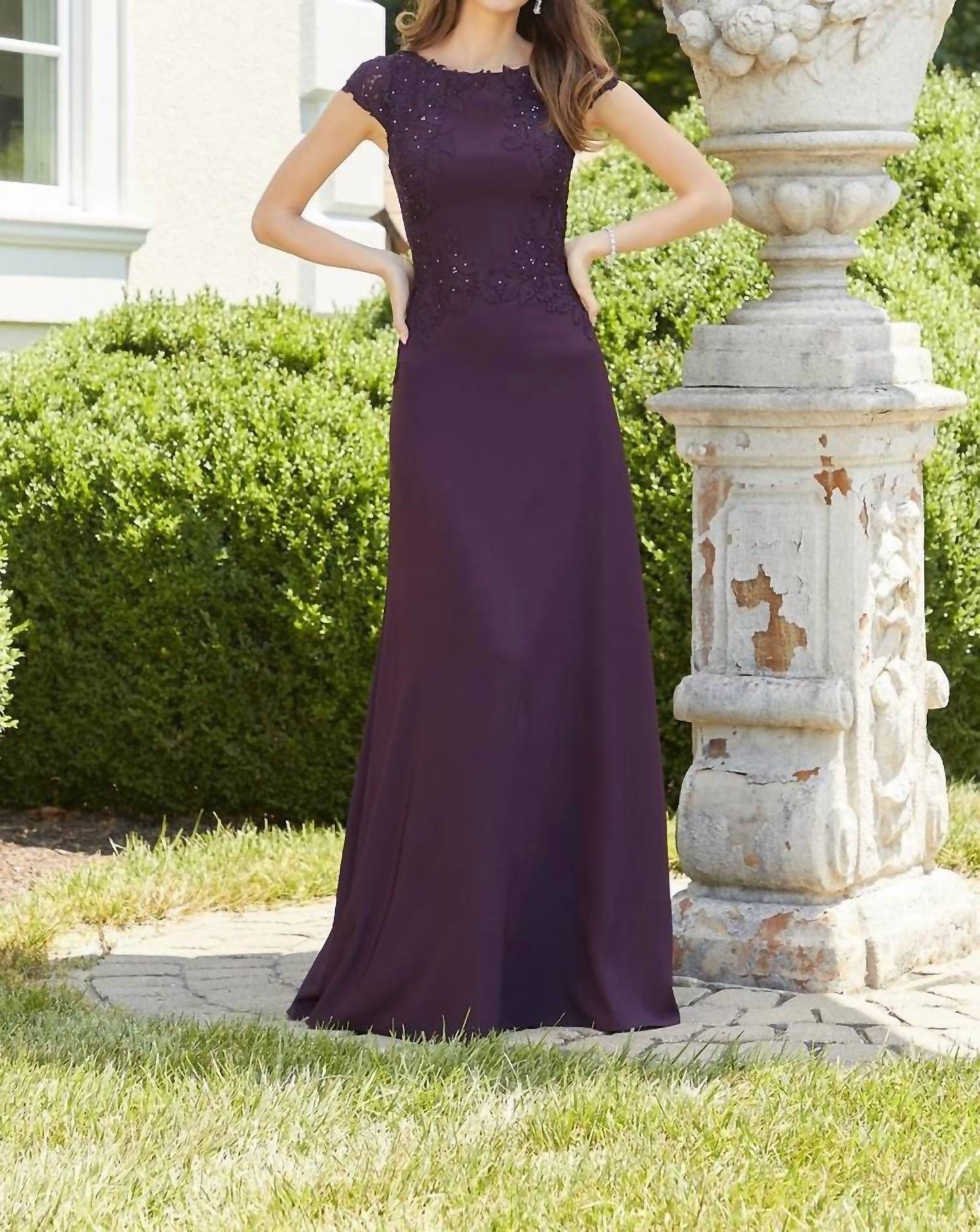 MGNY Floral Lace Evening Dress in plum - women's dress