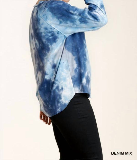 Tie Dye Button Front Raglan Sleeve Top With Raw Hem