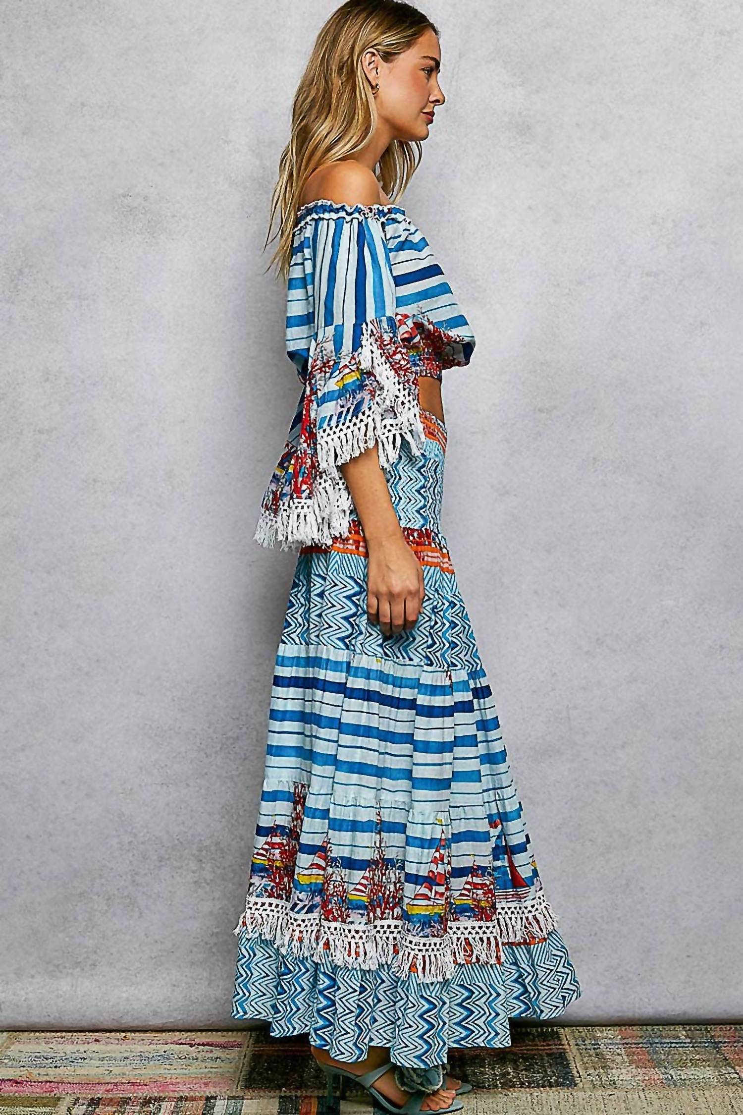 Pol - Off-Shoulder Fringe Sleeve Smocked Top and Skirt Set