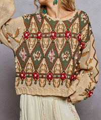 Pol - Scoop Neck Aztec Pattern Sweater Top