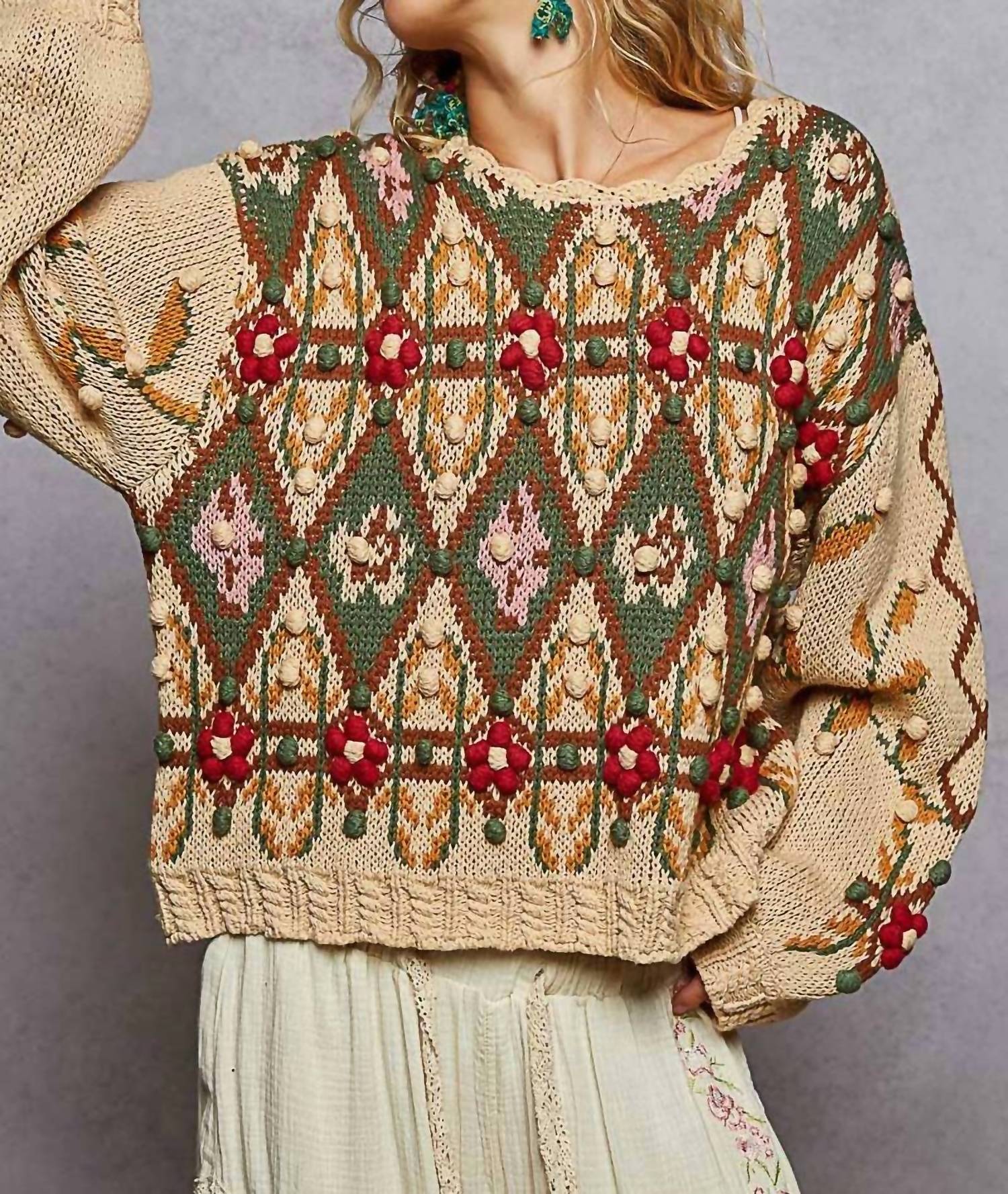 Pol - Scoop Neck Aztec Pattern Sweater Top