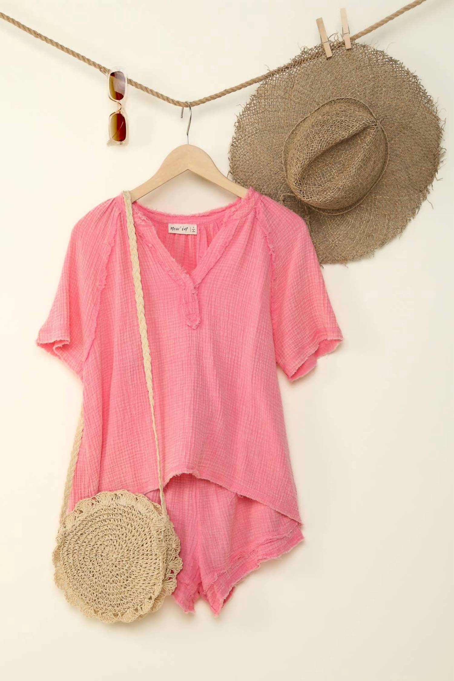 Very J - Washed Cotton Crinkle Gauze Top & Shorts Set - Plus