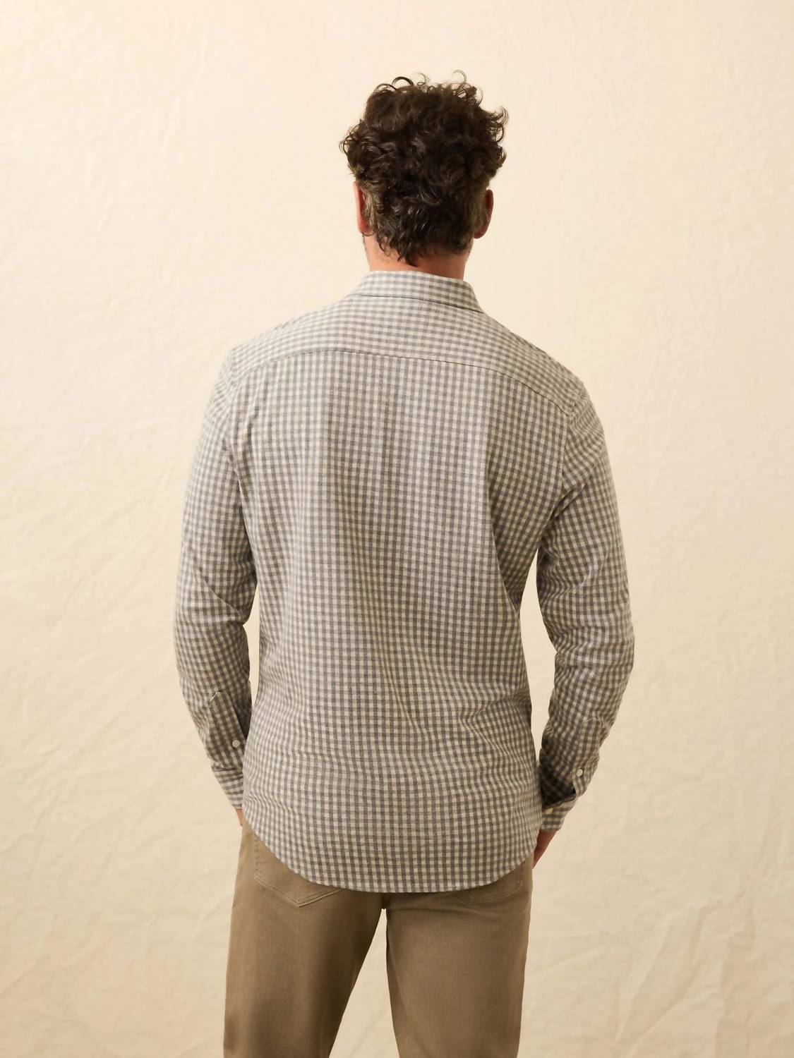 Faherty Men's Coastline Knit Shirt in fox grey gingham - men's shirt - detail view