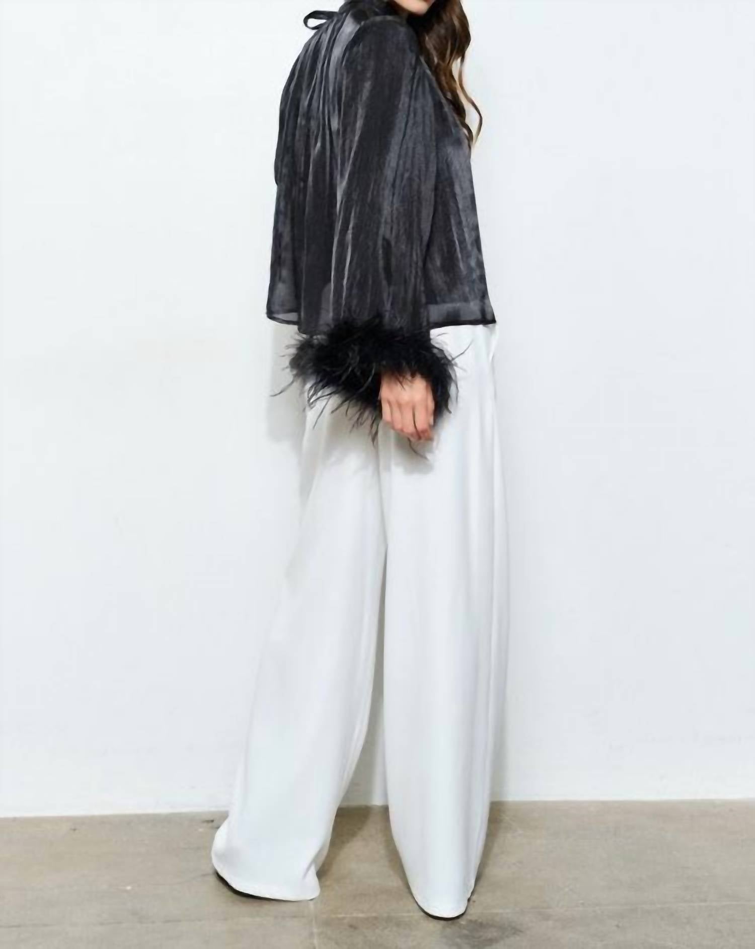 Skies Are Blue - Delphine Metallic Shimmer Bow Tie Feather Hem Blouse Top