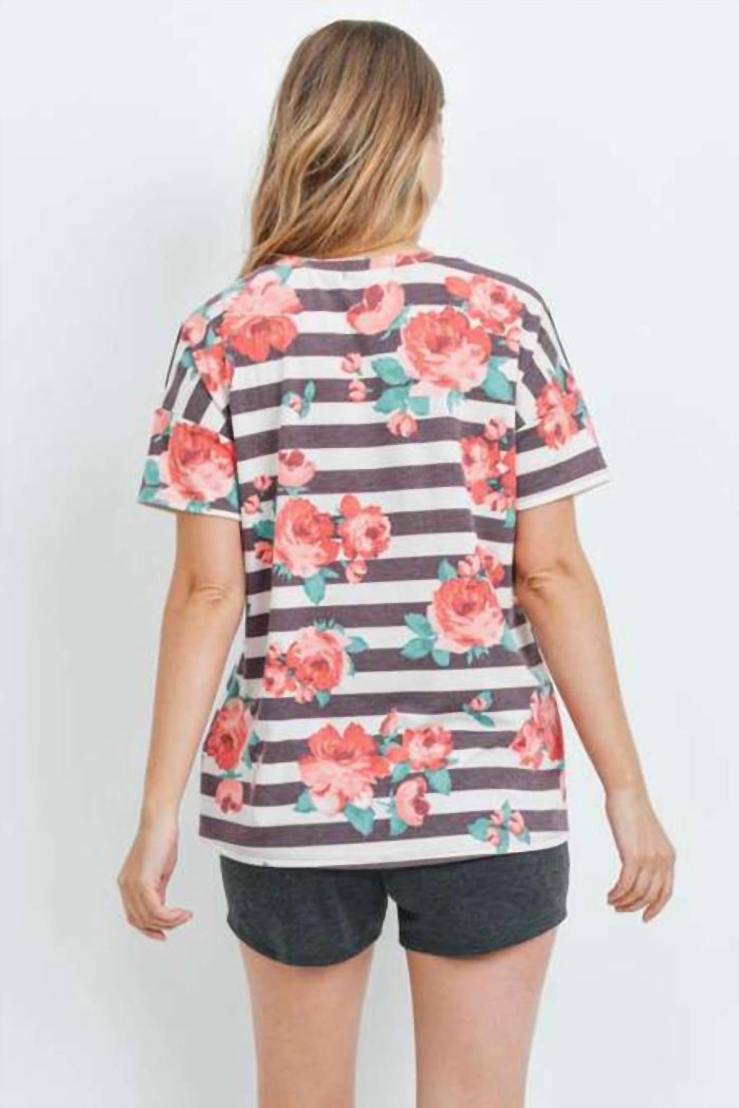 Perfect Peach - Short Sleeved Striped Floral Tee
