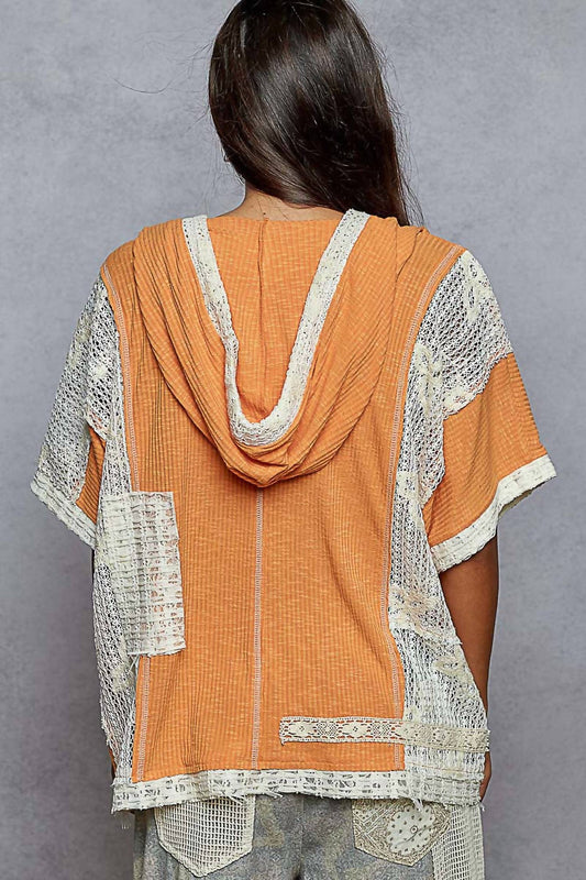 Pol - Oversize Short Sleeve Floral Patch Crochet Hoodie Top