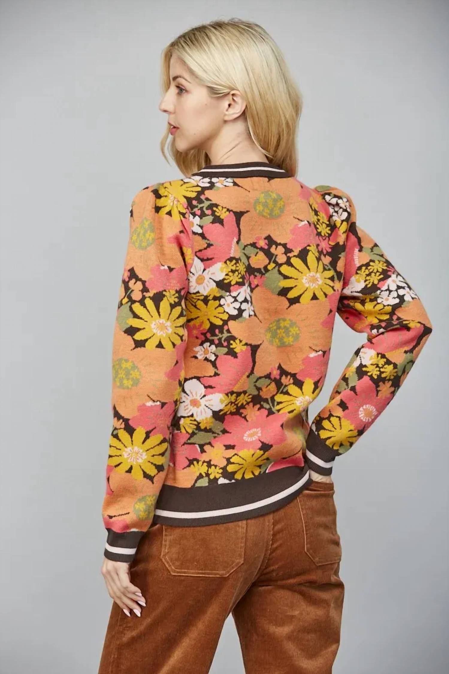Fate - Floral Jacquard Knit Puff Sleeve Sweater