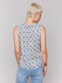 CHARLIE B Printed Sleeveless Blouse With Ruffle Collar in ornament - women's blouse - detail view
