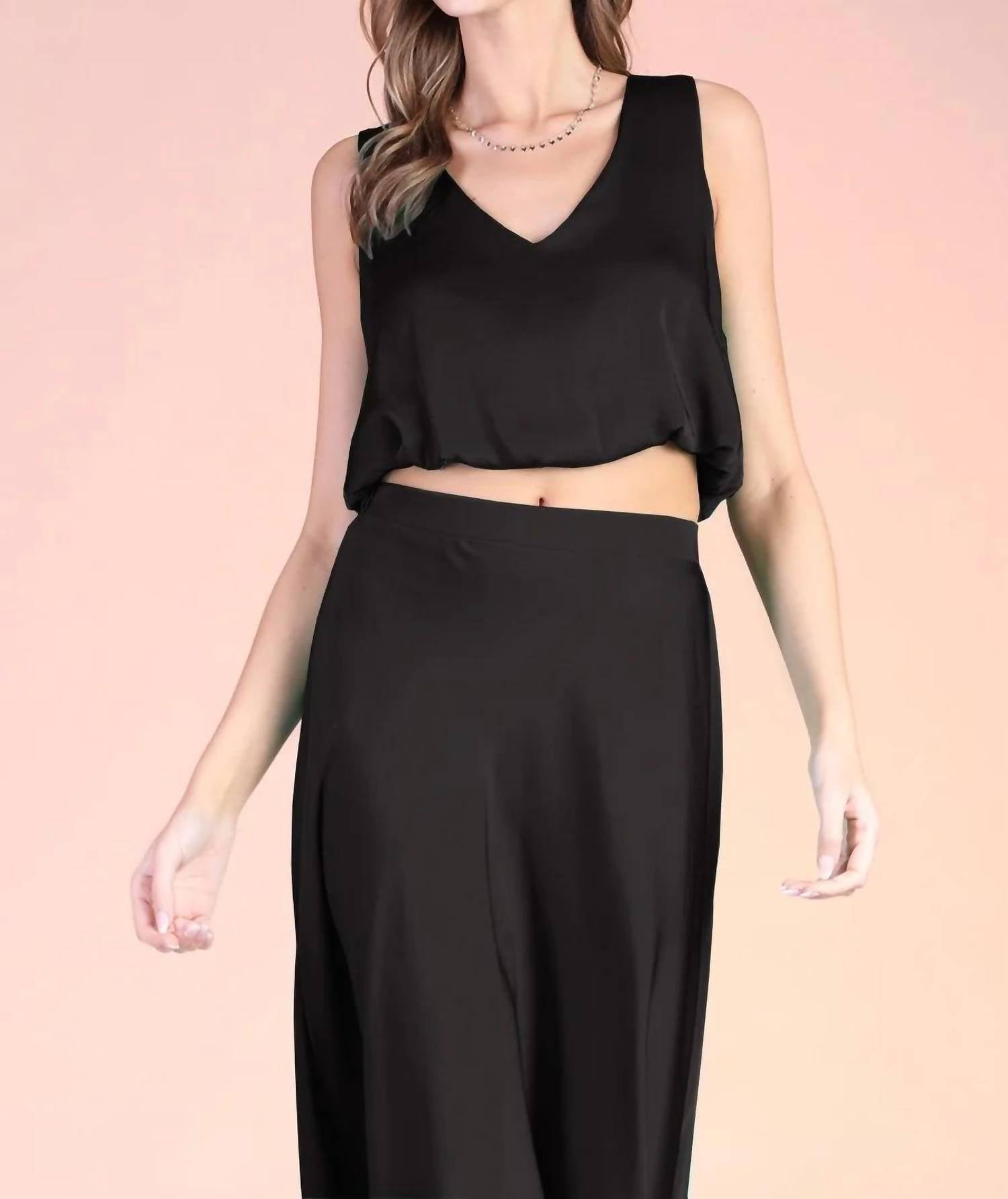 KLd. Signature V-neck Washed Satin Bubble Hem Top in black - women's shirt