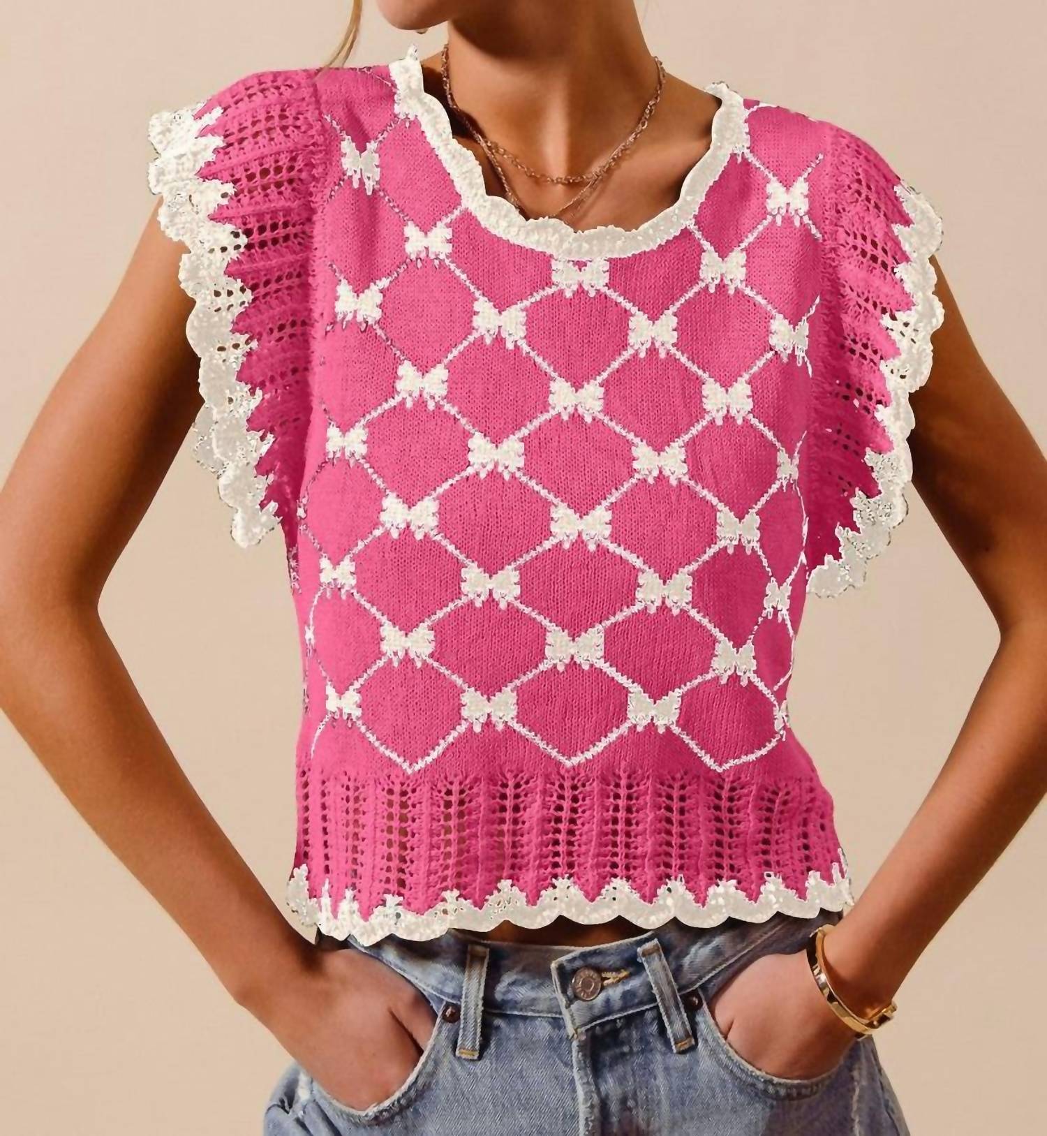 So Me - Bow Ribbon Pattern Sweater Top