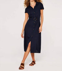 Apricot - Linen Blend Belted Shirt Midi Dress