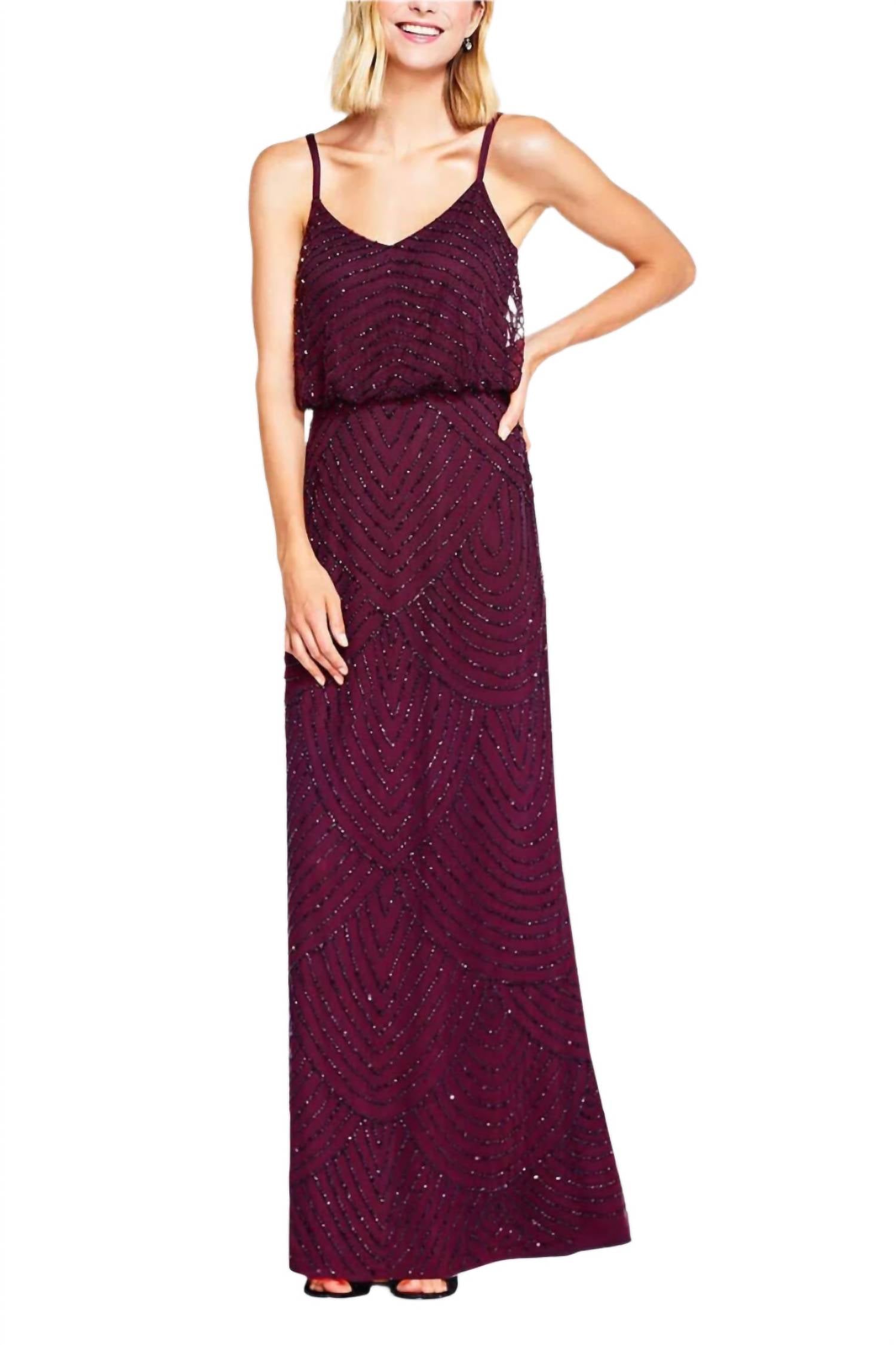 Adrianna Papell - Spaghetti Strap Blouson Embellished Mesh Dress