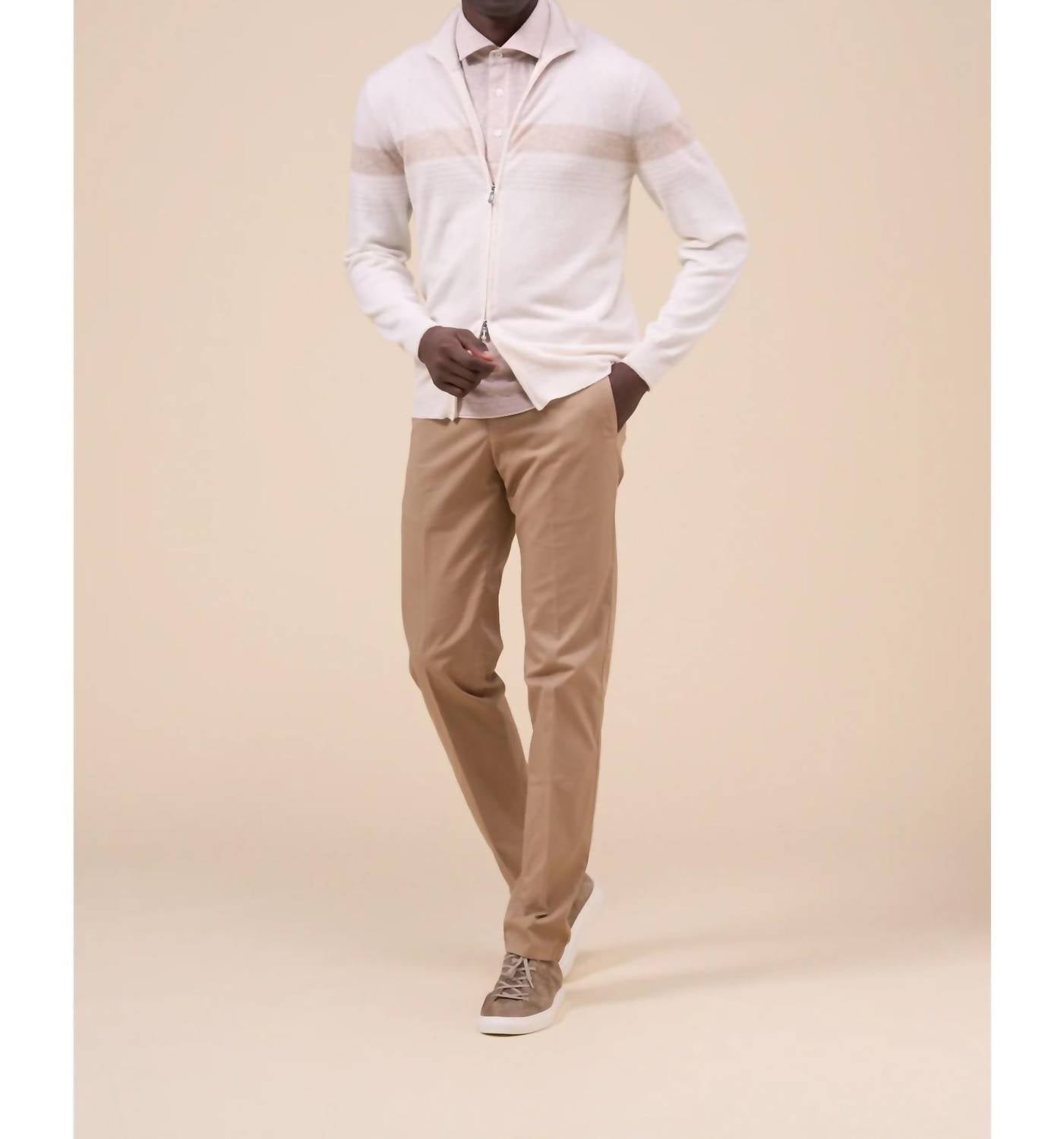 Fedeli Milos Cashmere Linen Full-zip Sweater in silver stripe - men's sweater - detail view