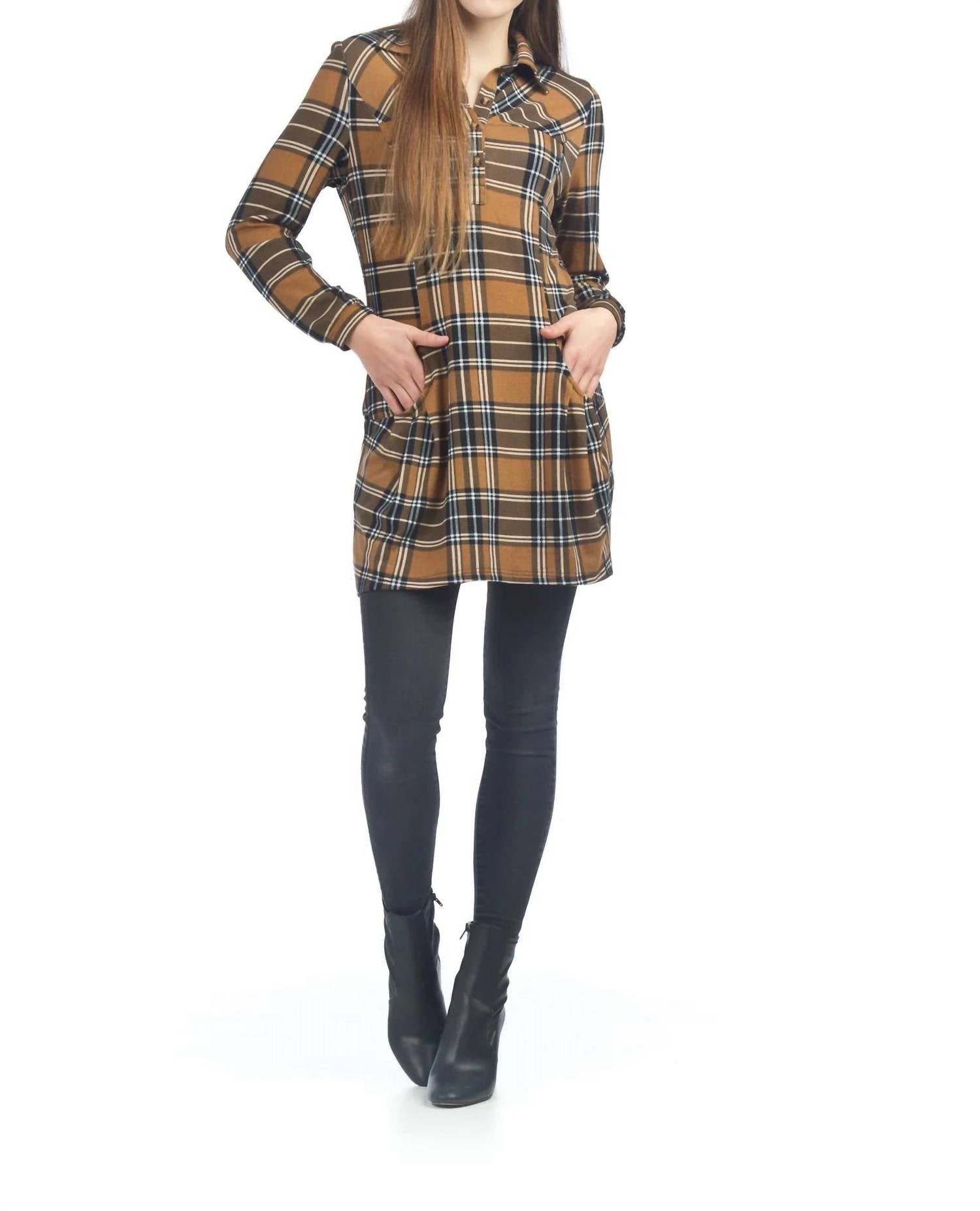 Papillon - Plaid Henley Sweater Dress With Pockets