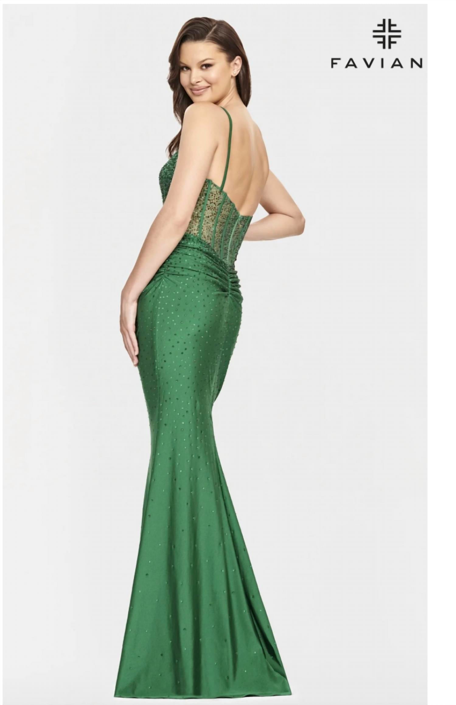 Faviana - Long Metalic Sequined Gown Lace Up Back Dress
