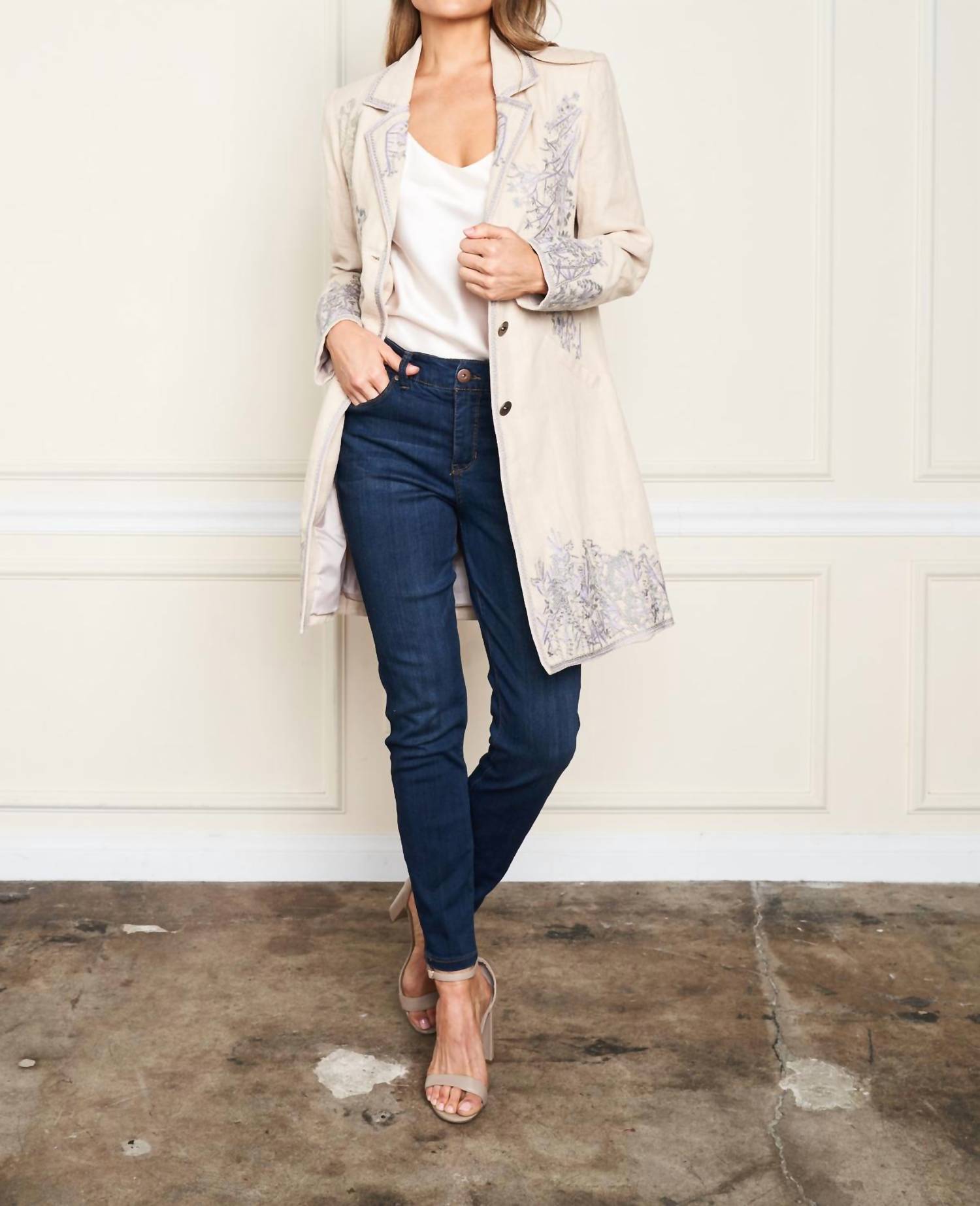 PAPARAZZI Linen Blend Jacket with Tonal Embroidery in oatmeal - women's jacket - detail view