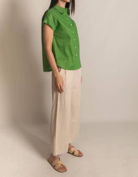 P.CILL Women's Linen Relaxed Short Sleeve Button Up Shirt in grass green - women's shirt - view 9