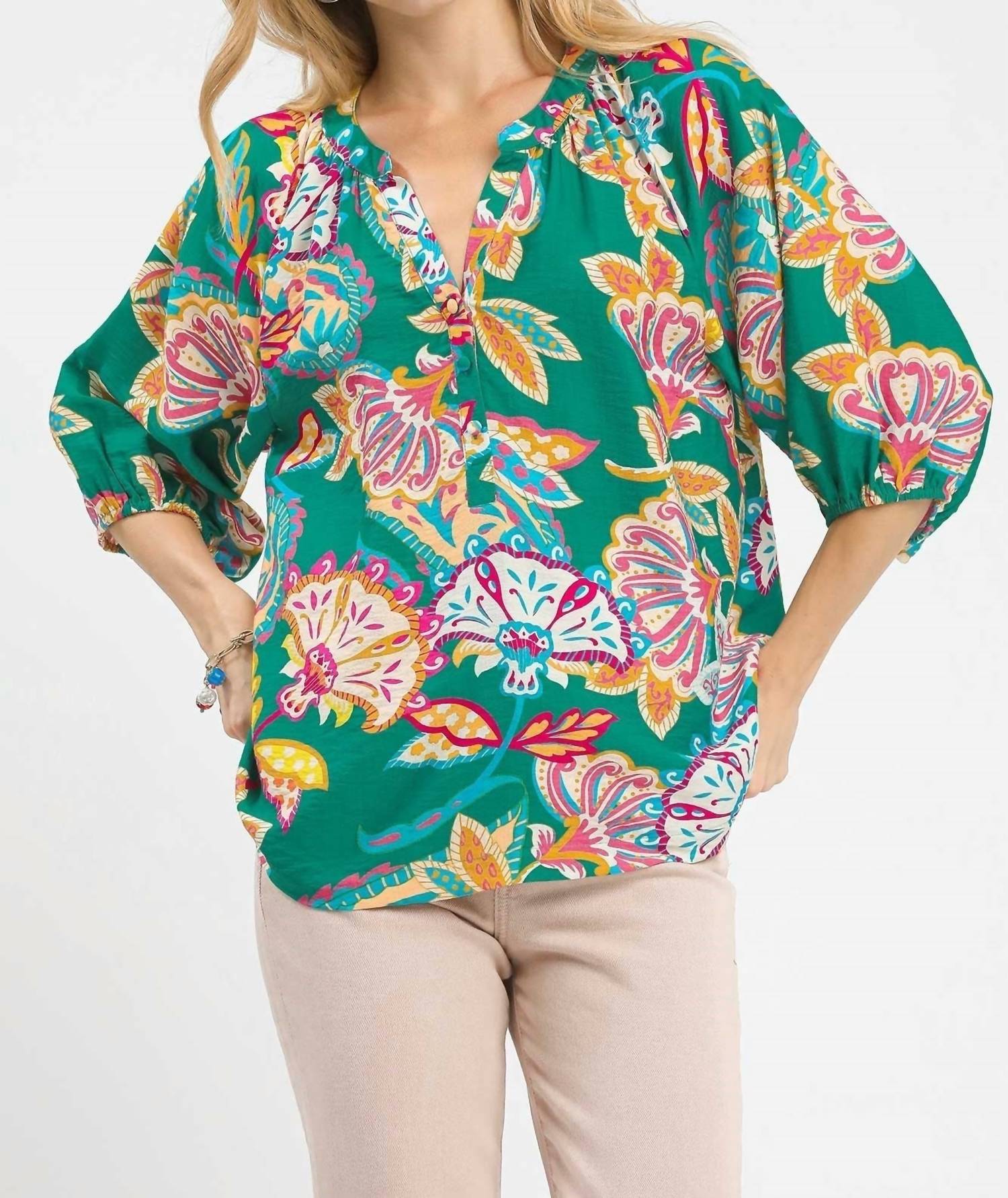 Umgee - Paisley Print V-neck Half Button Down Top