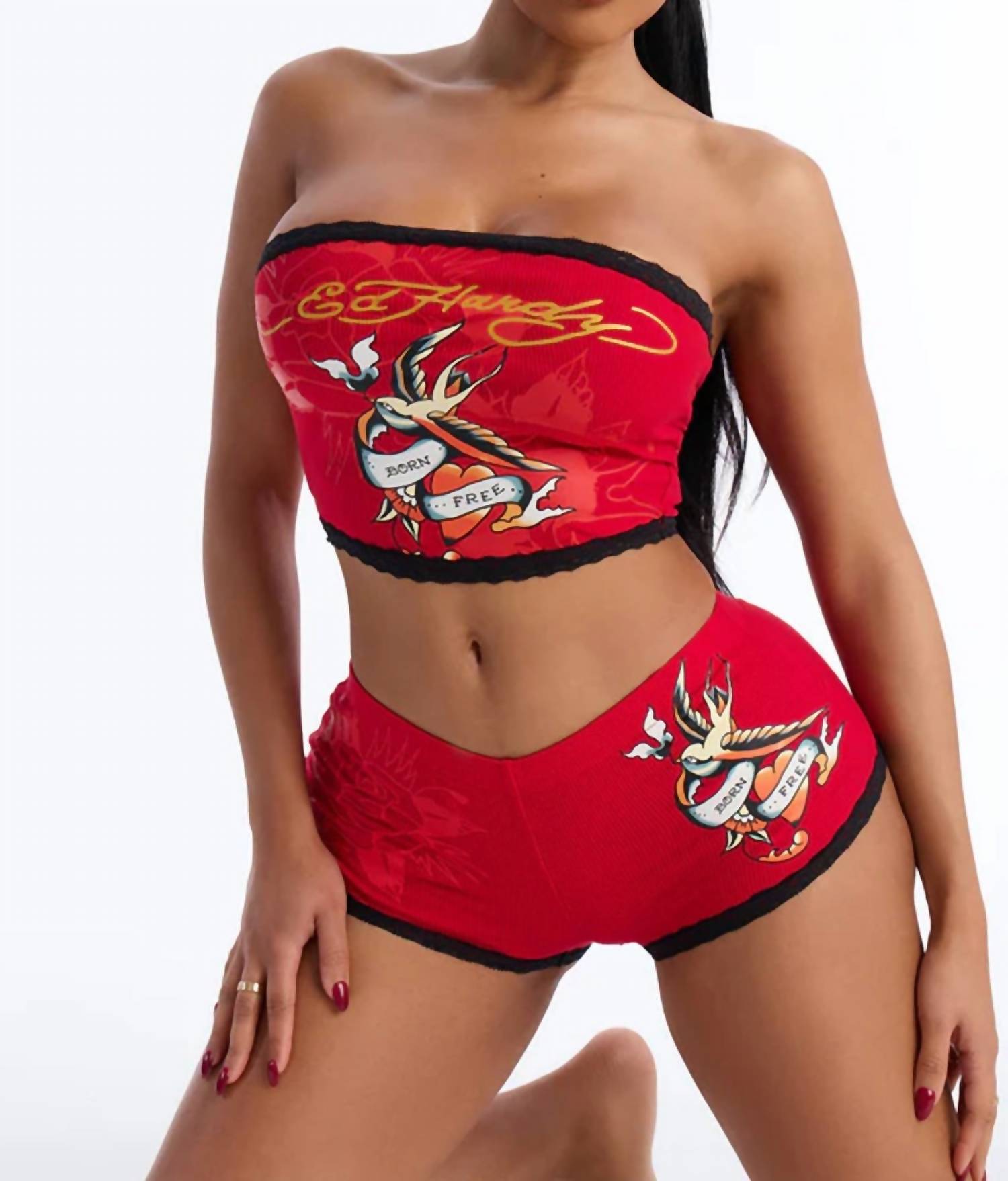 Ed Hardy Born Free Swallows Tube Top in red - women's tank top