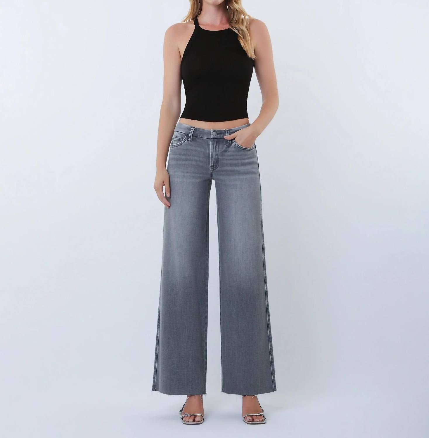 Flying Monkey - Mid Rise Clean Cut Raw Hem Wide Leg Jeans