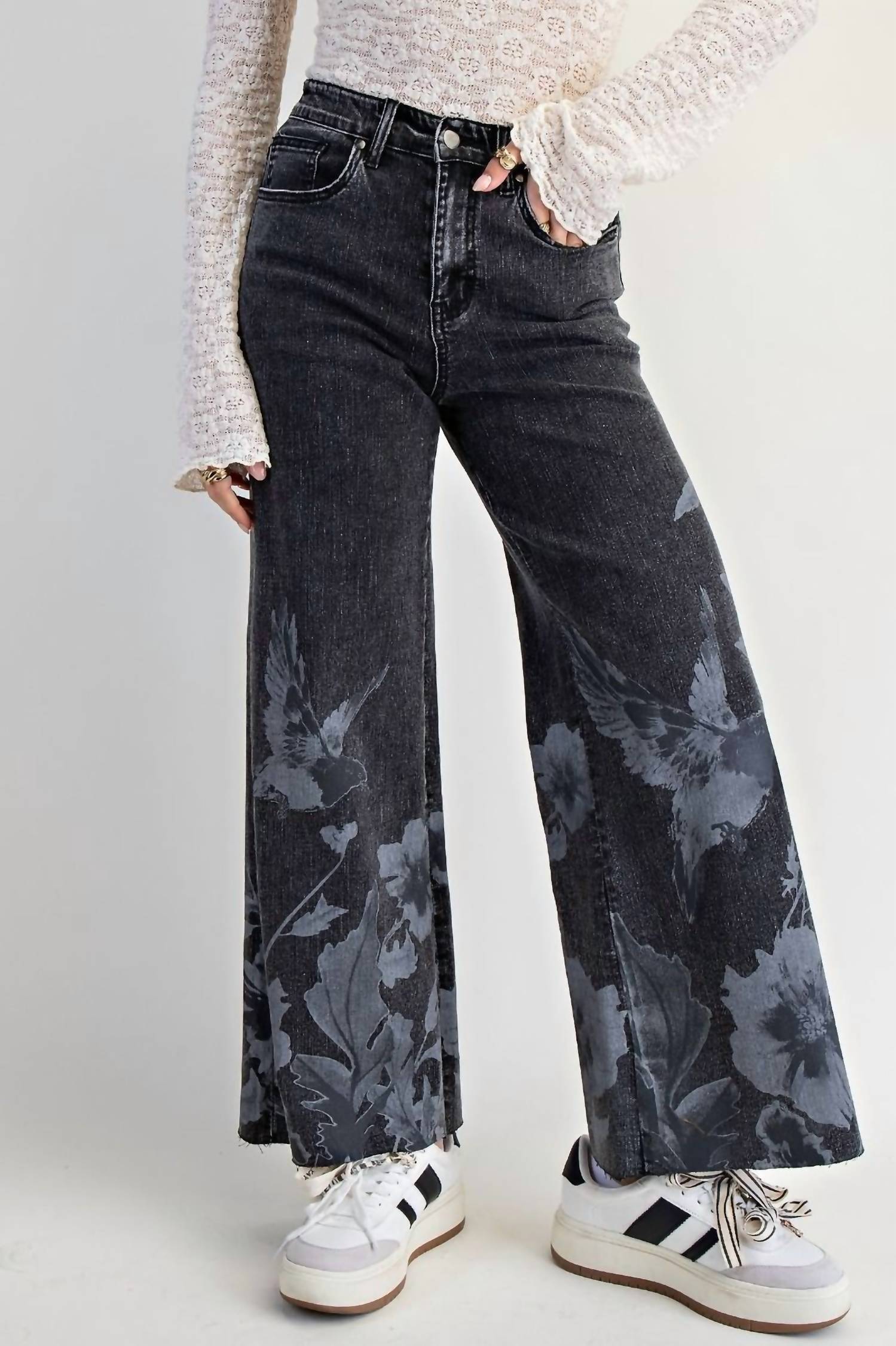 Easel Floral Bird Stretch Denim Pants in black denim wash - women's jeans - view 6