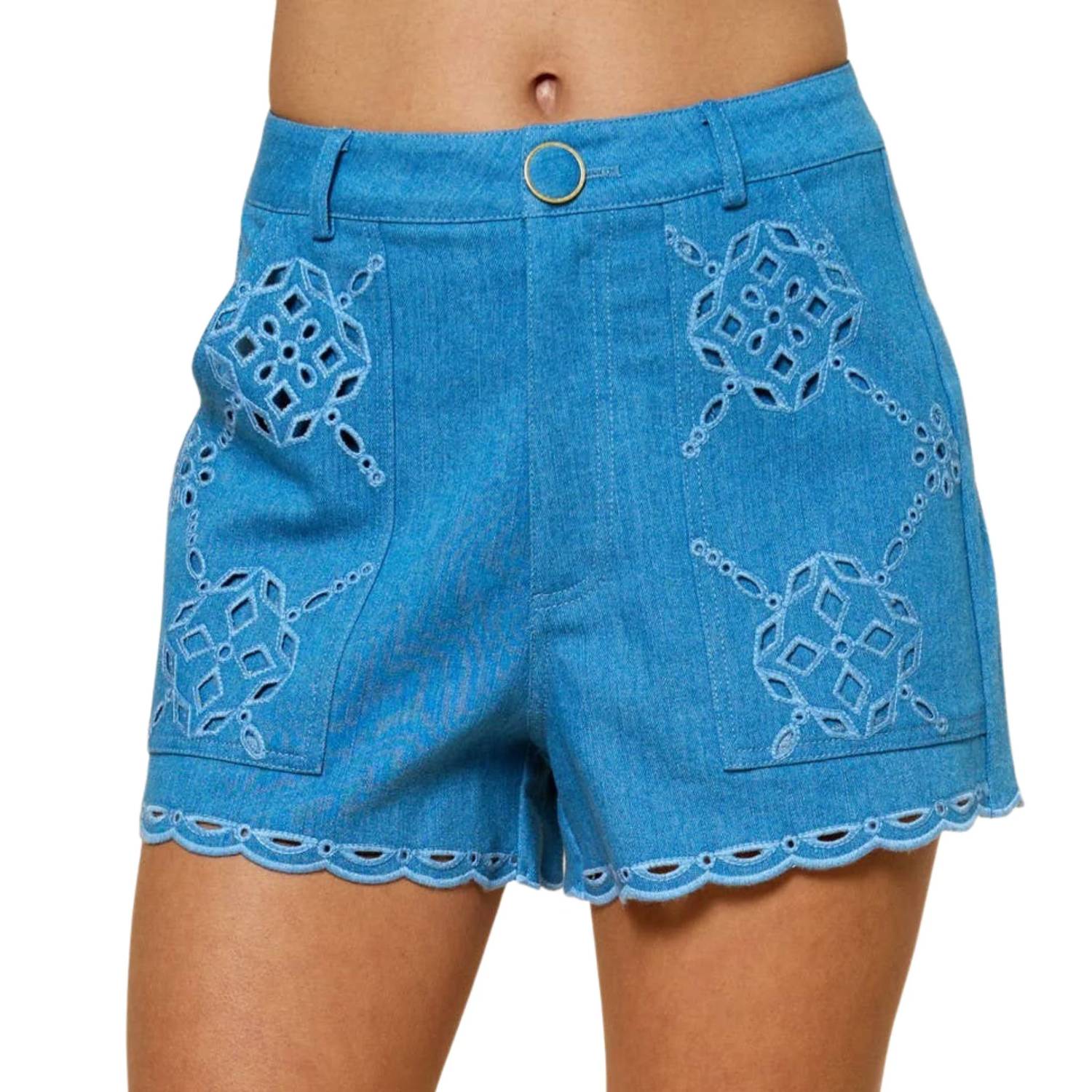 Lalavon - Embroidered Eyelet Scalloped Trim Shorts