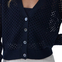 Autumn Cashmere Solid Mesh Cardigan in navy - women's cardigan - detail view