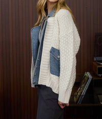 Blu Pepper Cable Knit With Denim Detail Sweater Jacket in cream - women's jacket - alternate view