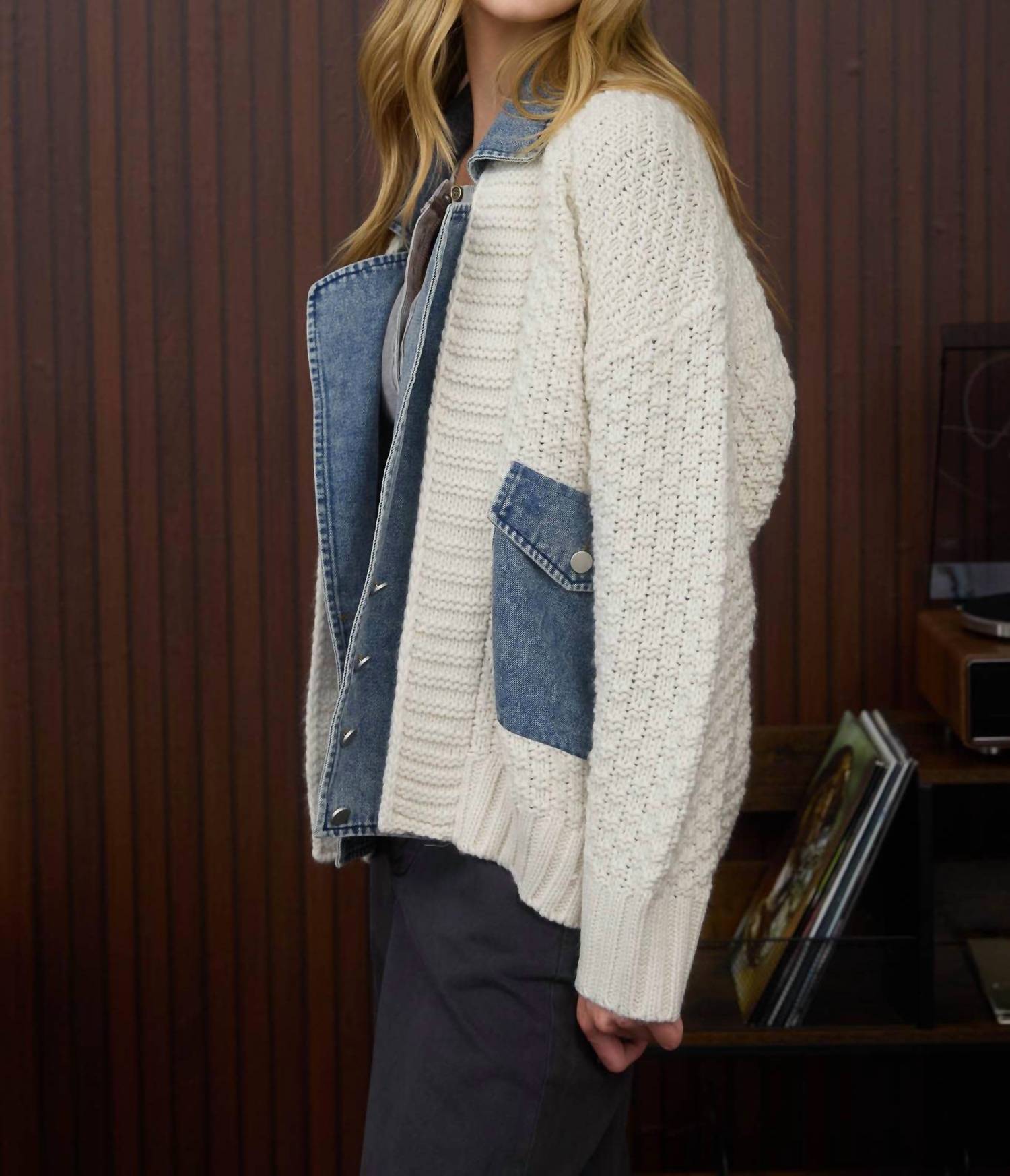 Blu Pepper Cable Knit With Denim Detail Sweater Jacket in cream - women's jacket - alternate view