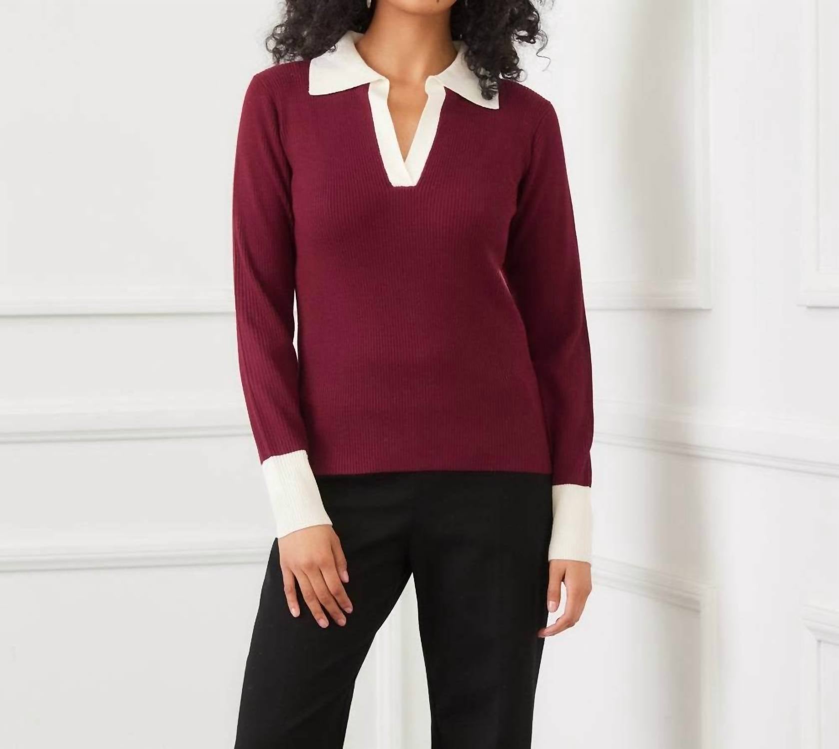 Karen Kane Contrast Ribbed Polo Sweater in wine with cream - women's sweater - view 4