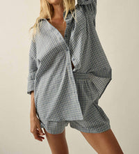 PROMESA Plaid Textured Seersucker Oversize Button-up Pocket Shirt in chambray - women's shirt
