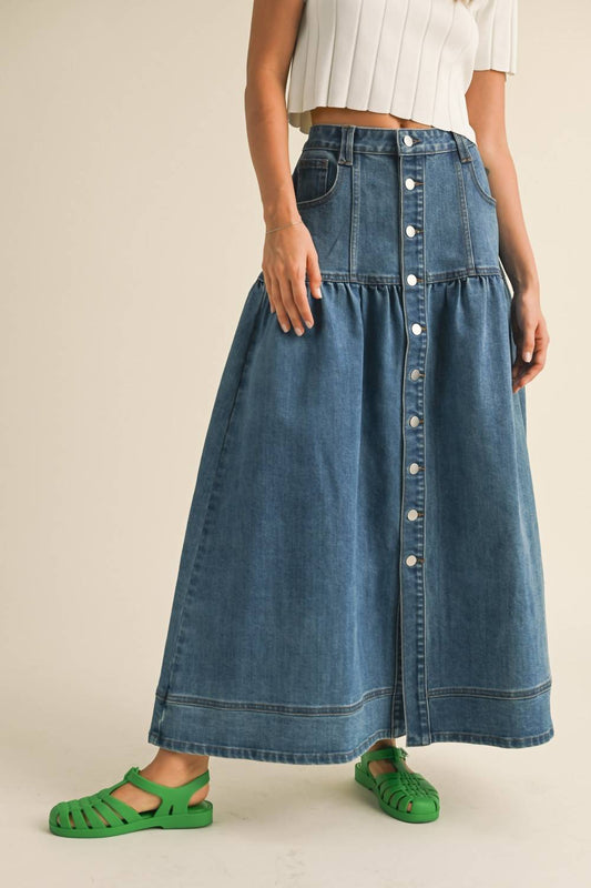 Miou Muse - Button Front Bohemian Denim Maxi Skirt