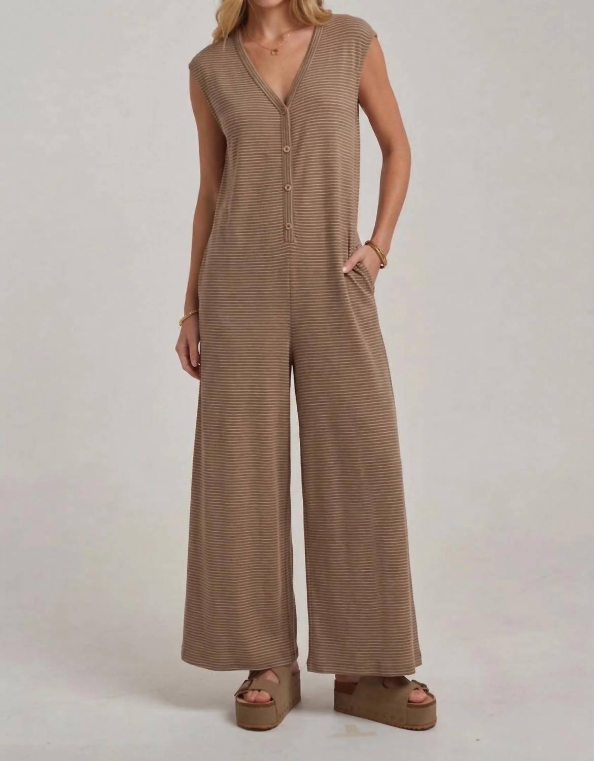 Very J - Striped Button Front Jumpsuit