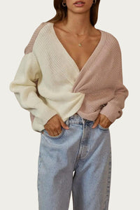 COLORBLOCKED CROPPED TWISTED RIBBED-KNIT SWEATER
