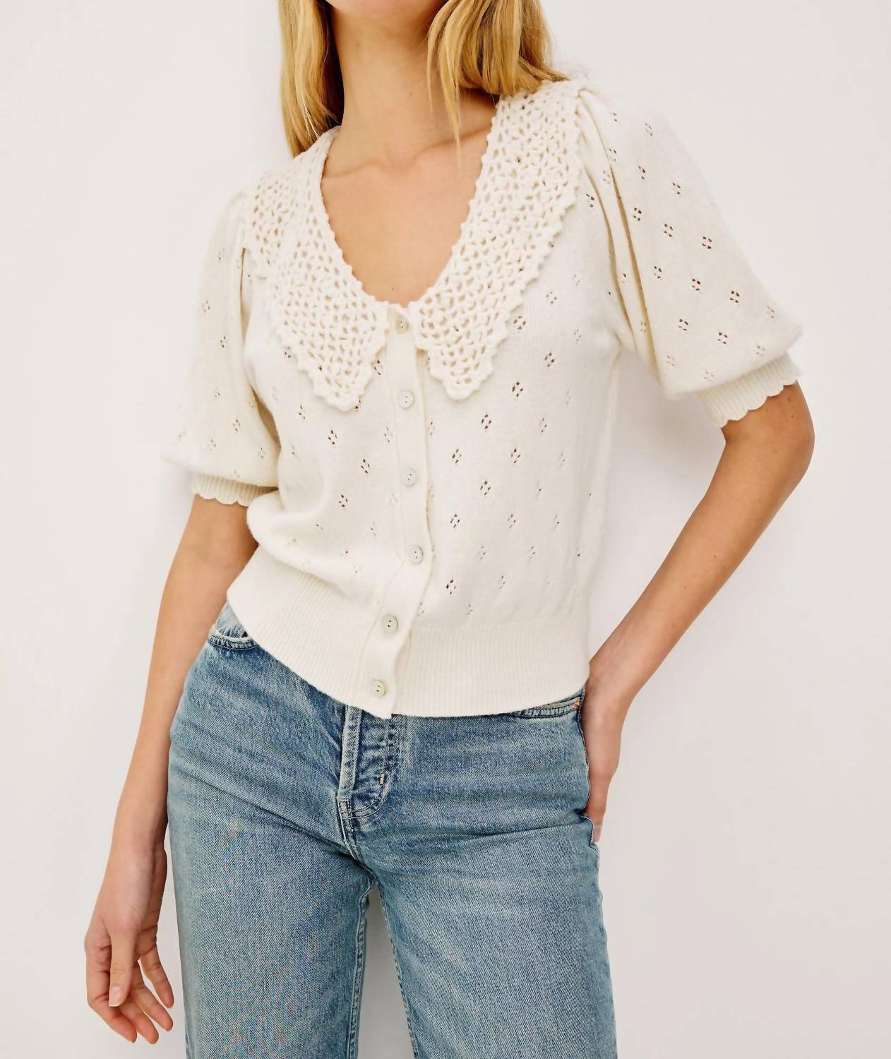 Rails Mindy Short Puff Sleeves Top in ivory - women's blouse - detail view