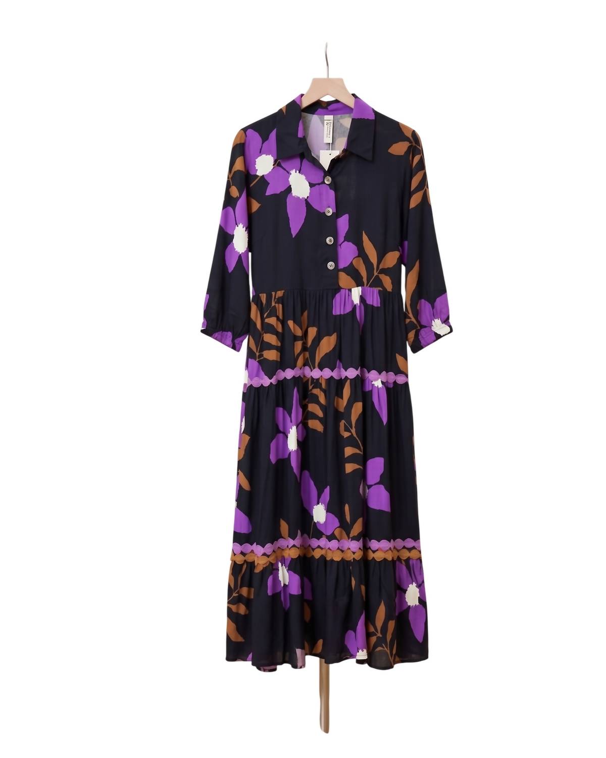 Uncle Frank 3/4 Sleeve Midi Dress in black purple - women's dress - detail view